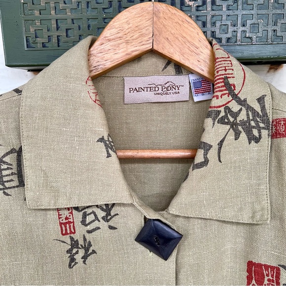 Vintage 90s L Painted Pony Green Linen Untructured Blazer L Relaxed Button Up - Picture 7 of 10